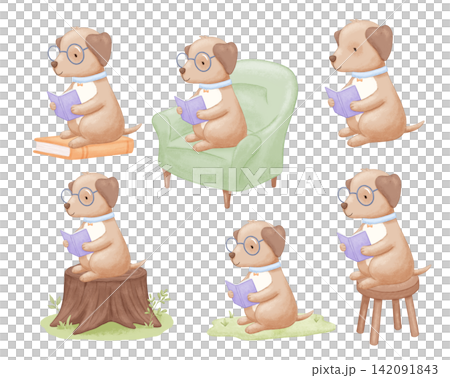Cute dog with glasses is sitting and reading book on chair, grass, armchair and tree stump. Watercolor illustration isolated on white background 142091843