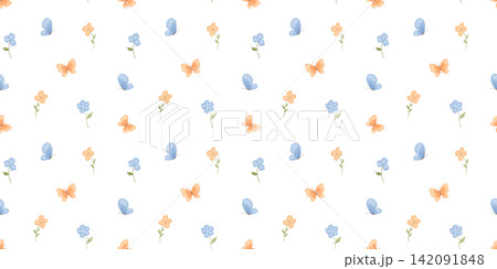 Seamless ditsy watercolour botanical pattern with small blue and orange blossoms on white background. Vintage floral repeat graphic for fabric printing, wallpaper, packaging 142091848