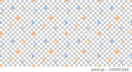 Seamless ditsy watercolour botanical pattern with small blue and orange blossoms on white background. Vintage floral repeat graphic for fabric printing, wallpaper, packaging 142091848