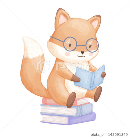 Cute fox with glasses reading book on stack. Watercolor childish illustration isolated on white background, woodland character Cute fox with glasses reading book on stack. Watercolor childish illustration isolated on white background, woodland character 142091849