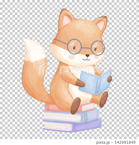 Cute fox with glasses reading book on stack. Watercolor childish illustration isolated on white background, woodland character Cute fox with glasses reading book on stack. Watercolor childish illustration isolated on white background, woodland character 142091849