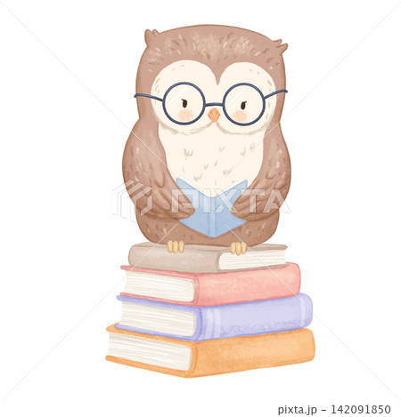 Cute owl with glasses reading on books stack. Watercolor childish illustration isolated on white background, woodland bird character 142091850
