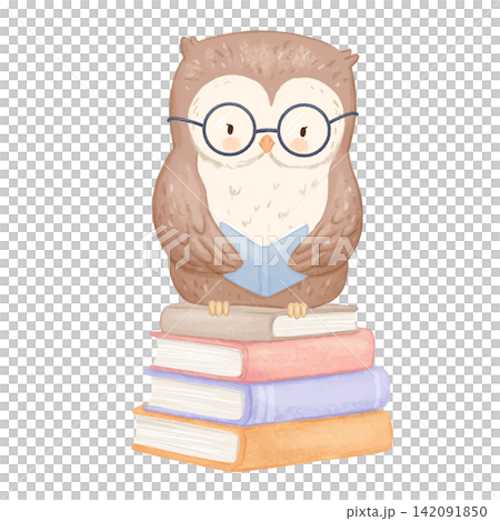 Cute owl with glasses reading on books stack. Watercolor childish illustration isolated on white background, woodland bird character 142091850
