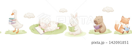 Seamless border with cute animals, watercolour illustrations for baby design, sheep, goose and capybara reading book on nature. Hand drawn childish illustrations on isolated background Seamless border with cute animals, watercolour illustrations for baby design, sheep, goose and capybara reading book on nature. Hand drawn childish illustrations on isolated background 142091851