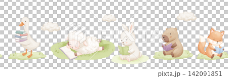 Seamless border with cute animals, watercolour illustrations for baby design, sheep, goose and capybara reading book on nature. Hand drawn childish illustrations on isolated background Seamless border with cute animals, watercolour illustrations for baby design, sheep, goose and capybara reading book on nature. Hand drawn childish illustrations on isolated background 142091851