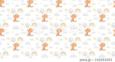 Seamless cute pattern with african happy cartoon tiger with balloon in sky, repeating cute childish watercolour print Seamless cute pattern with african happy cartoon tiger with balloon in sky, repeating cute childish watercolour print 142091853