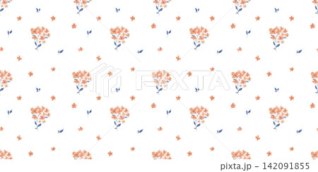 Seamless botanical watercolour pattern with flowers bouquets on white background, small spring foliage, elegant endless backdrop for fabric 142091855