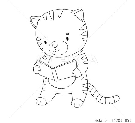 Tiger with book for coloring page. Childish cute cartoon jungle animal line drawing for kids. Vector isolated monochrome illustration on white background Tiger with book for coloring page. Childish cute cartoon jungle animal line drawing for kids. Vector isolated monochrome illustration on white background 142091859
