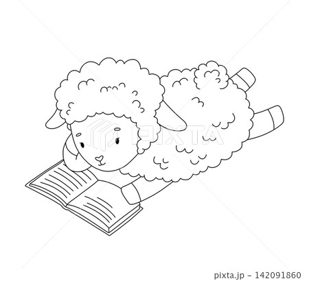 Sheep with book for coloring page. Childish cute cartoon farm animal, line drawing for kids. Vector isolated outline illustration on white background Sheep with book for coloring page. Childish cute cartoon farm animal, line drawing for kids. Vector isolated outline illustration on white background 142091860
