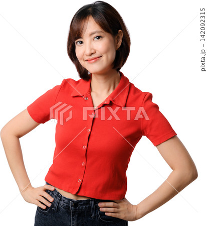 Asian woman wearing casual red polo shirt posing happy confident with cheerful smile in studio portrait isolated background 142092315