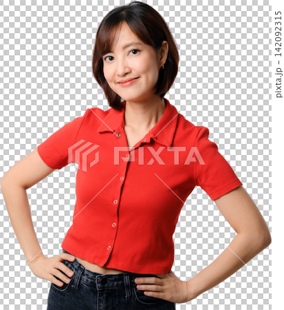 Asian woman wearing casual red polo shirt posing happy confident with cheerful smile in studio portrait isolated background 142092315