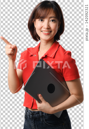 Happy asian woman holding laptop pointing finger showing promotion transparency background with joyful smile and confident positive gesture Happy asian woman holding laptop pointing finger showing promotion transparency background with joyful smile and confident positive gesture 142092321