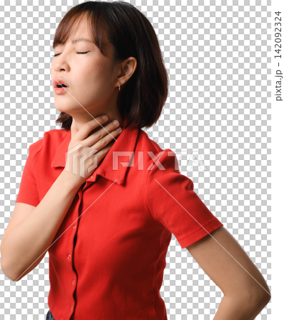 Young asian woman feeling sick touching throat with painful expression suffering severe sore neck symptom isolated transparency background Young asian woman feeling sick touching throat with painful expression suffering severe sore neck symptom isolated transparency background 142092324