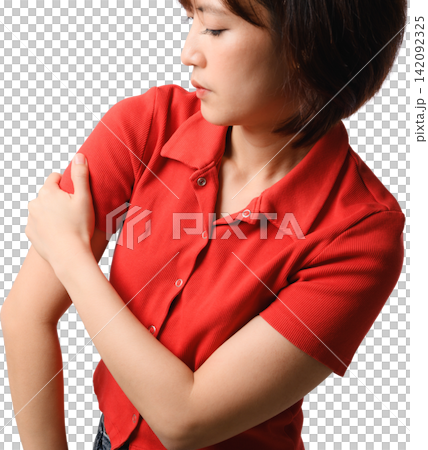 Asian woman feeling painful muscle ache holding injured arm with distressed expression wearing red shirt studio portrait cutout 142092325