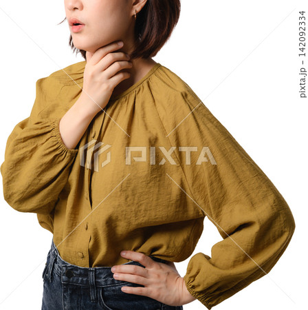 Young sick asian woman touching painful throat feeling sore unwell in yellow blouse standing isolated on white studio background Young sick asian woman touching painful throat feeling sore unwell in yellow blouse standing isolated on white studio background 142092334
