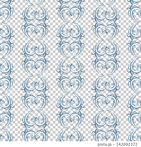 A seamless pattern with a decorative blue ornament in the Baroque style. Hand drawn watercolor illustration. Perfect for textiles, tablecloths and curtains, for prints, backgrounds, wallpaper and more A seamless pattern with a decorative blue ornament in the Baroque style. Hand drawn watercolor illustration. Perfect for textiles, tablecloths and curtains, for prints, backgrounds, wallpaper and more 142092372