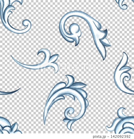 A seamless pattern with a decorative blue ornament in the Baroque style. Hand drawn watercolor illustration. Perfect for textiles, tablecloths and curtains, for prints, backgrounds, wallpaper and more A seamless pattern with a decorative blue ornament in the Baroque style. Hand drawn watercolor illustration. Perfect for textiles, tablecloths and curtains, for prints, backgrounds, wallpaper and more 142092392
