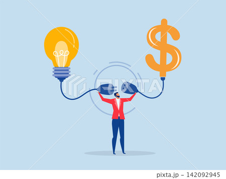 Businessman connect lightbulb with money dollar sign.make money idea or idea pitching for fund raising concept,vector Businessman connect lightbulb with money dollar sign.make money idea or idea pitching for fund raising concept,vector 142092945