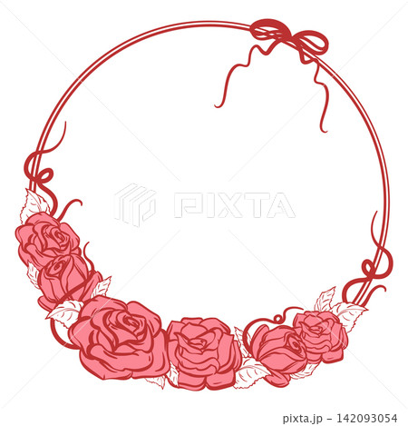Vector wreath of pink roses. Round frame of stylized flowers and ribbons. Quick ink sketch. Wedding template. Coquette style. 142093054