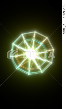 Glowing green and yellow geometric web with radial symmetry on black, representing networks, data structures, cybersecurity, and futuristic technology. 142093480