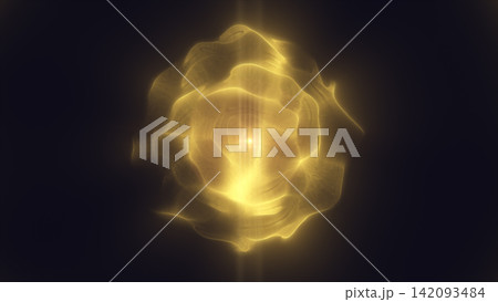 Abstract golden glowing energy orb with translucent fluid waves, soft plasma texture, and dark cinematic background. 142093484