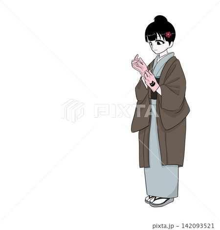 手袋を身につける着物女性　初冬のお出かけ準備 142093521