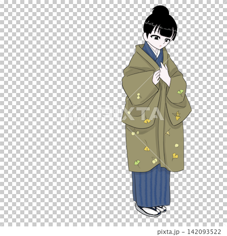 A woman in a kimono fastening the front of her haori jacket; early winter attire. A woman in a kimono fastening the front of her haori jacket; early winter attire. 142093522