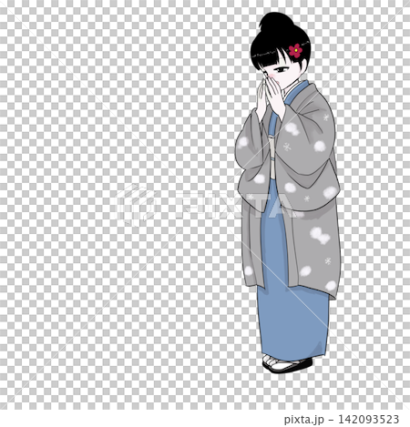 A woman in a kimono warms her hands with her breath, evoking the image of the bitter cold of mid-winter. A woman in a kimono warms her hands with her breath, evoking the image of the bitter cold of mid-winter. 142093523