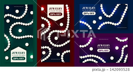 Discount jewelry card. Pearl poster. Necklace exhibition. Luxury showcase. Gem bracelet. Gemstone pendant chain. Shop elegance, advertising typography for retail marketing. Vector garish banner set Discount jewelry card. Pearl poster. Necklace exhibition. Luxury showcase. Gem bracelet. Gemstone pendant chain. Shop elegance, advertising typography for retail marketing. Vector garish banner set 142093528
