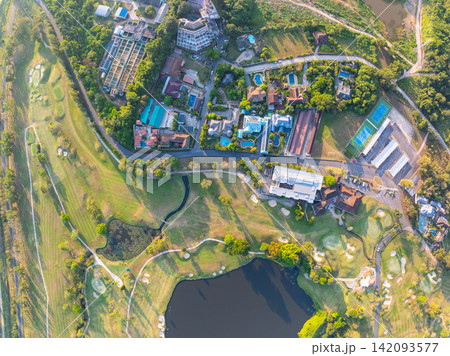 Aerial view drone shot of beautiful golf field in Phuket Thailand 142093577