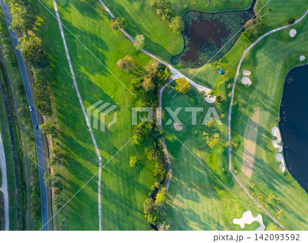Aerial view drone shot of beautiful golf field in Phuket Thailand 142093592