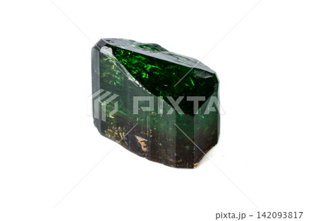 Macro mineral Chrome Dravite Tourmaline on a white background Macro mineral Chrome Dravite Tourmaline on a white background 142093817