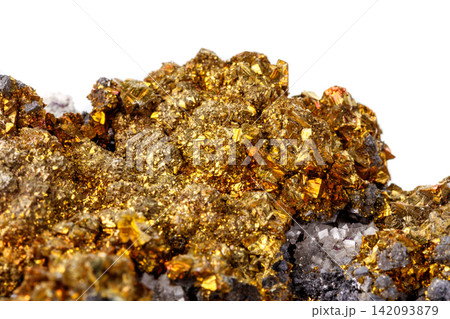 Macro mineral stone  Chalcopyrite on a white background 142093879