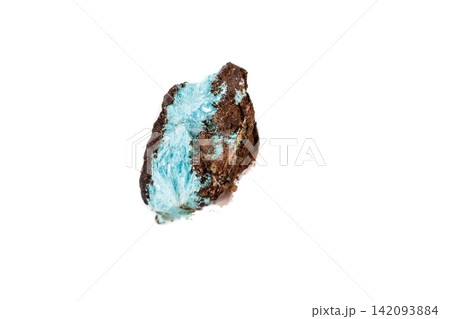 Macro mineral aurichalcite stone on microcline on white background Macro mineral aurichalcite stone on microcline on white background 142093884
