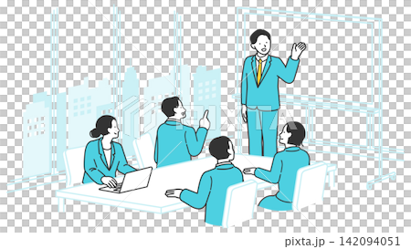A man giving a presentation using a whiteboard in a casual office setting, and a meeting scene. A man giving a presentation using a whiteboard in a casual office setting, and a meeting scene. 142094051