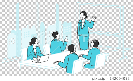 A woman gives a presentation pointing to a whiteboard in a conference room, while her team exchanges opinions. A woman gives a presentation pointing to a whiteboard in a conference room, while her team exchanges opinions. 142094052