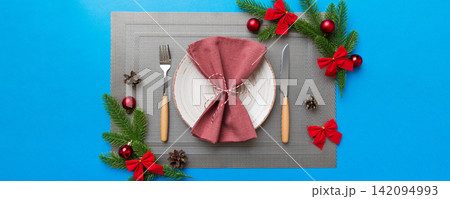Christmas dinner background with rustic decorations and kitchen utensil . View from above 142094993