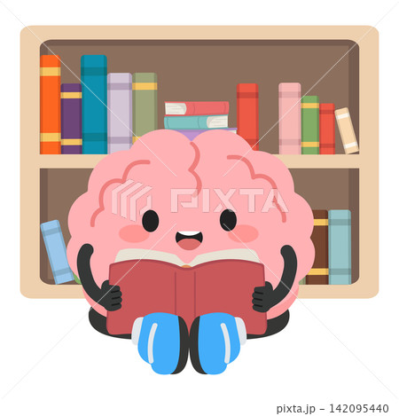 Brain character reading book near wooden shelf Brain character reading book near wooden shelf 142095440