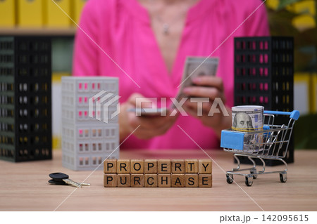Keys to a successful property purchase highlighted with miniature buildings and cash in a shopping cart Keys to a successful property purchase highlighted with miniature buildings and cash in a shopping cart 142095615