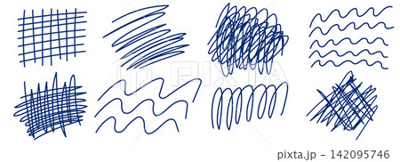 Pen scratch line with kit squiggle scribble for pencil messy doodle. Texture collection paper with sketch design ink for black elements effect. Drawn isolated writing with stroke hand tangle. 142095746