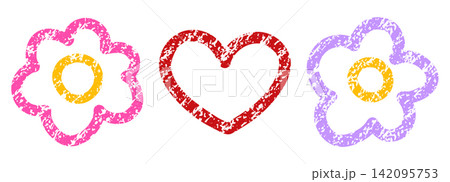 Flower love summer and drawing wedding set with pastel crayon cute. Heart abstract pink and drawn kids plant with brush green blackboard. Decoration grafitti floral and vector sunflower bright. 142095753