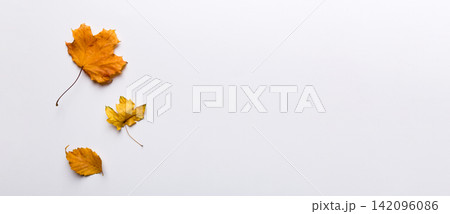 Autumn composition. Pattern made of dried leaves and other design accessories on table. Flat lay, top view Autumn composition. Pattern made of dried leaves and other design accessories on table. Flat lay, top view 142096086