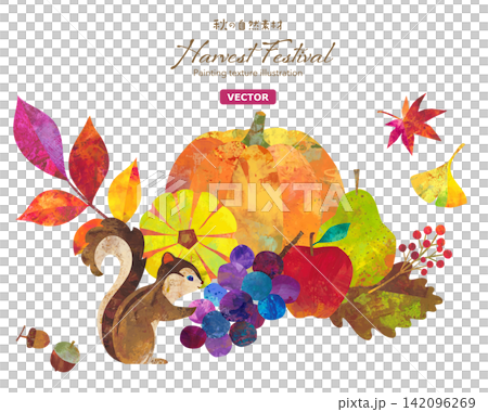 秋の紅葉した落ち葉や木の実と、収穫物とリスで構成したかわいい感謝祭のクリップアート。(ベクター) 秋の紅葉した落ち葉や木の実と、収穫物とリスで構成したかわいい感謝祭のクリップアート。(ベクター) 142096269