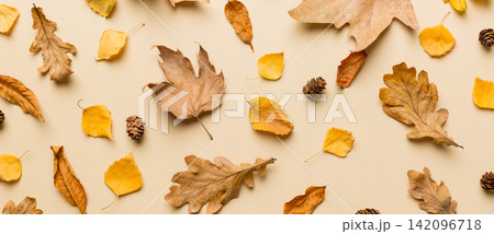 Autumn composition. Pattern made of dried leaves and other design accessories on table. Flat lay, top view Autumn composition. Pattern made of dried leaves and other design accessories on table. Flat lay, top view 142096718