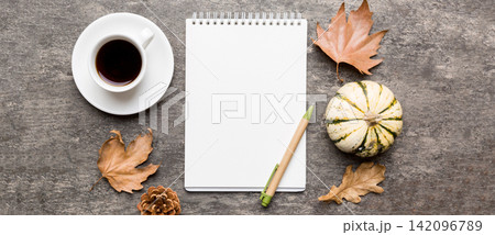 Autumn composition: fallen leaves and craft sketchbook mock up on colored background. Top view. Flat lay with copy space Autumn composition: fallen leaves and craft sketchbook mock up on colored background. Top view. Flat lay with copy space 142096789