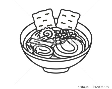 昔ながらの、海苔をトッピングした醤油ラーメン(線画)のイラスト 昔ながらの、海苔をトッピングした醤油ラーメン(線画)のイラスト 142096829