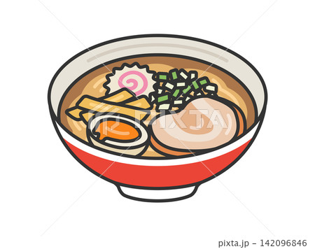 昔ながらの醤油ラーメン(線画カラー)のイラスト 昔ながらの醤油ラーメン(線画カラー)のイラスト 142096846