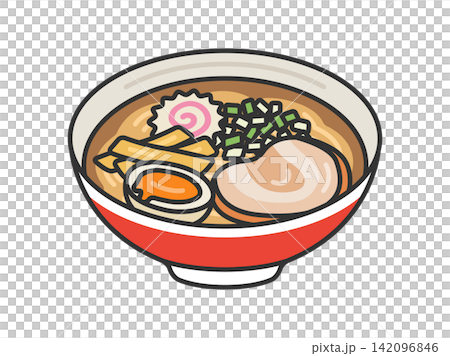 昔ながらの醤油ラーメン(線画カラー)のイラスト 昔ながらの醤油ラーメン(線画カラー)のイラスト 142096846