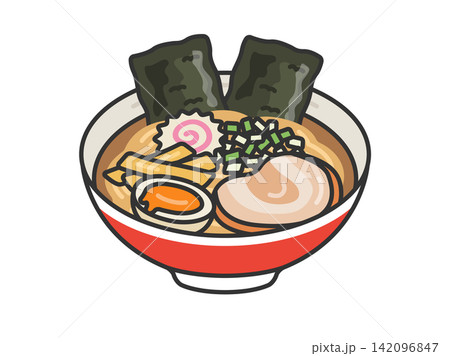昔ながらの、海苔をトッピングした醤油ラーメン(線画カラー)のイラスト 昔ながらの、海苔をトッピングした醤油ラーメン(線画カラー)のイラスト 142096847
