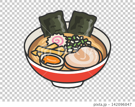 昔ながらの、海苔をトッピングした醤油ラーメン(線画カラー)のイラスト 昔ながらの、海苔をトッピングした醤油ラーメン(線画カラー)のイラスト 142096847